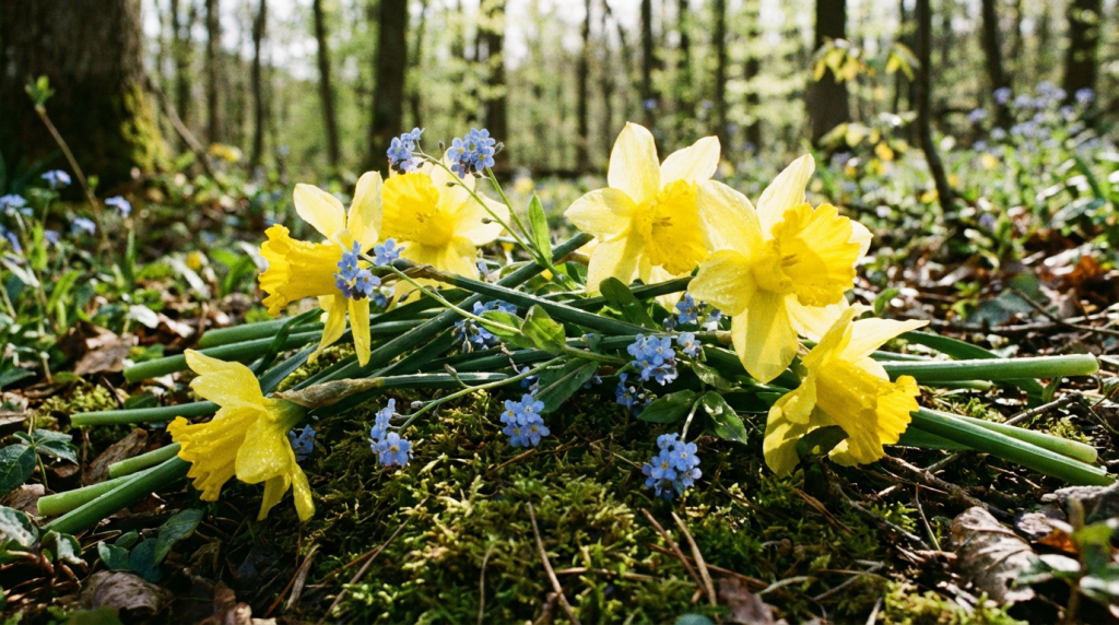 Yellow daffodils and blue forget-me-not flowers lying on a mossy forest floor.